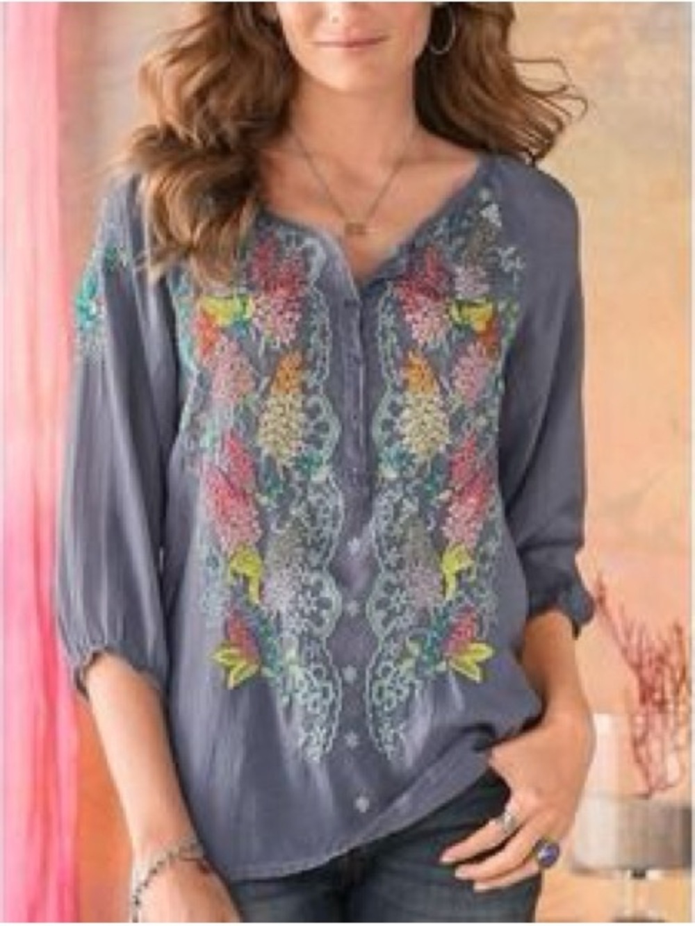 Johnny Was Leona Tunic Top Tunic Medium Floral Embroidered Gray Half Button